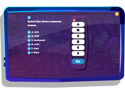 Common & proper nouns lesson on Nightzookeeper.com, displayed on tablet screen. 